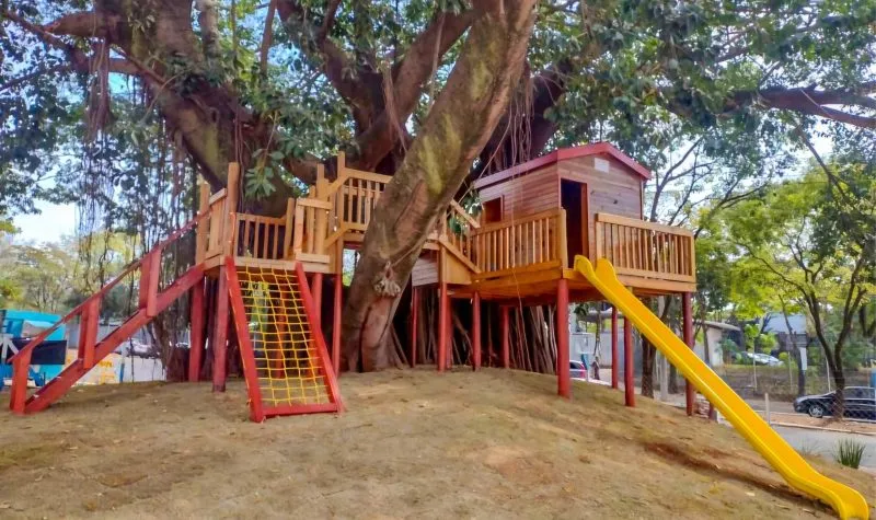 Casa na árvore de madeira construída ao redor de uma figueira, com passarela, rede de escalada e escorregador