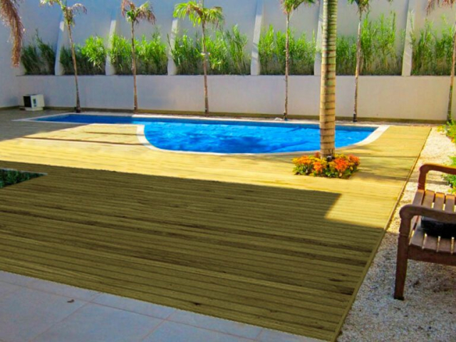 Decks de madeira para piscinas: proteção contra intempéries e beleza natural. Nossos decks de madeira tratada são projetados para resistir às condições climáticas adversas, oferecendo uma superfície segura e antiderrapante ao redor da piscina. Aproveite a beleza e a durabilidade da madeira.